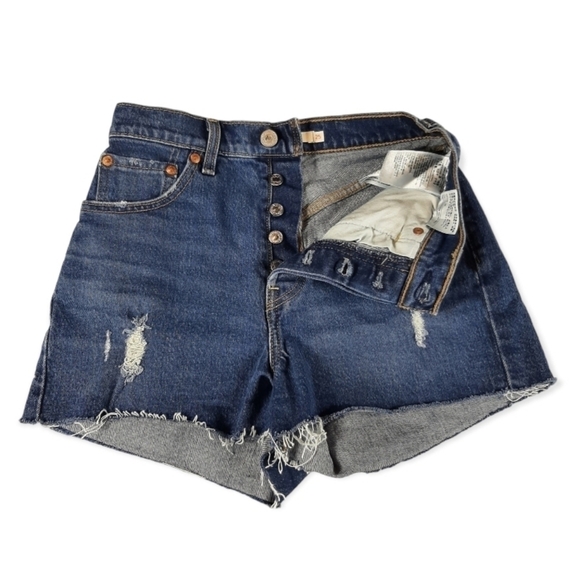 Levi's Ribcage Denim Shorts High Rise Buttonfly Distressed Size 25​​​​​​​​​​​​​ - Picture 7 of 14